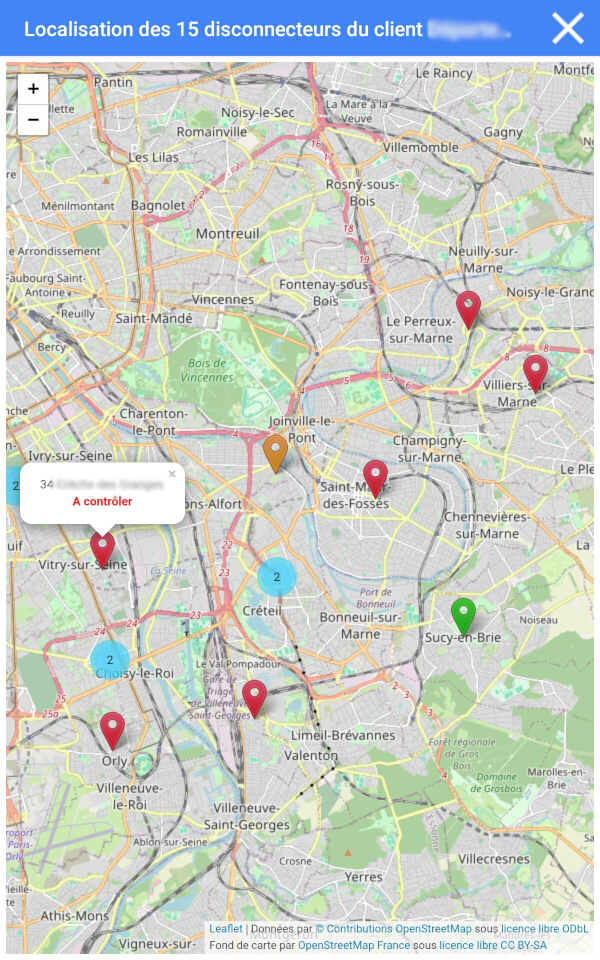 Capture de l'écran de géolocalisation des sites