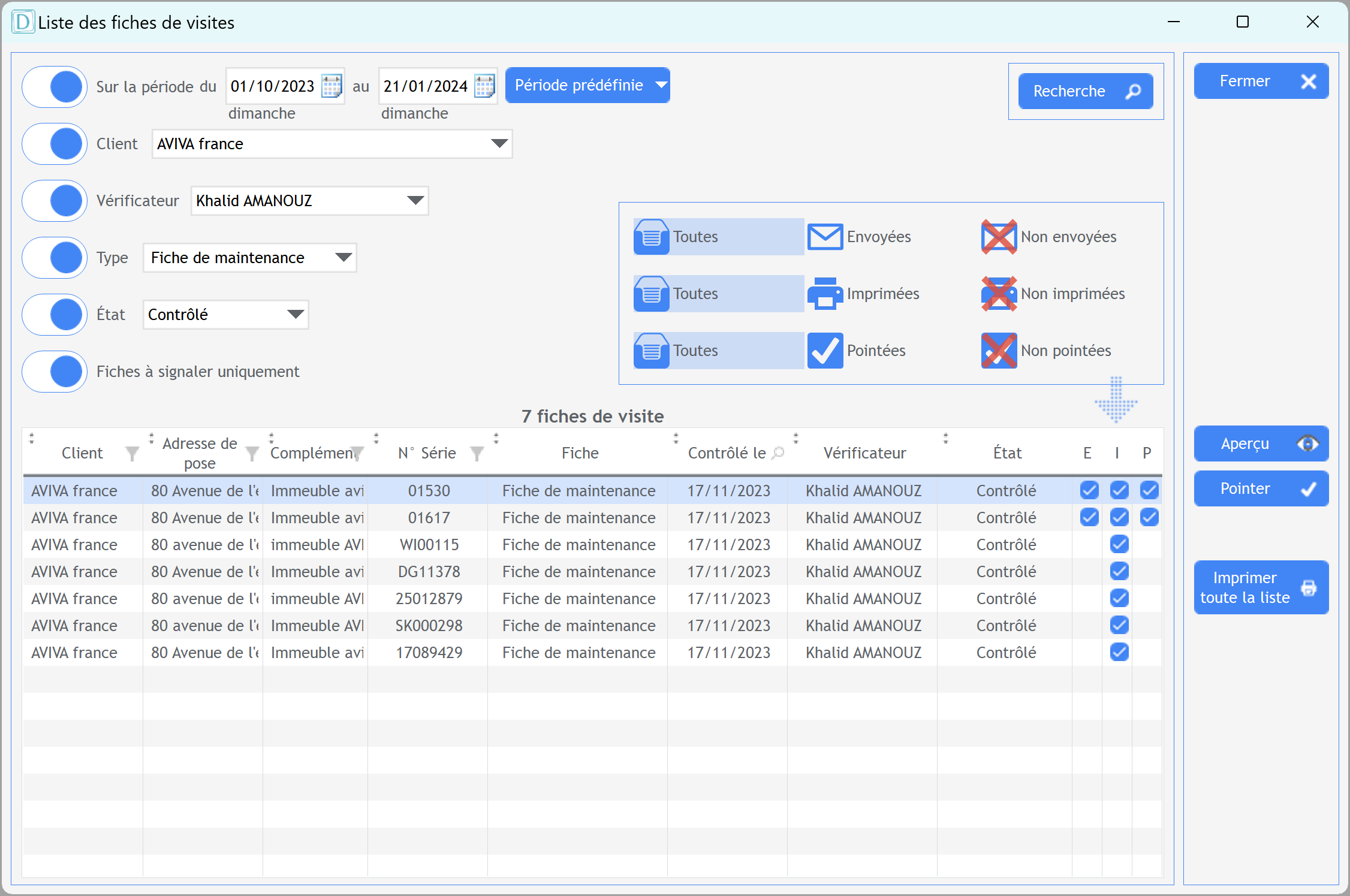 Capture de l'écran de la liste paramétrable des fiches de visite
